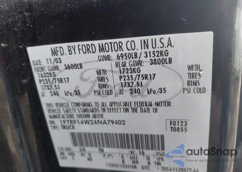 2004 Ford F-150 Stx/Xl/Xlt из США, поврежденный, VIN 1FTRF14W24NA79402